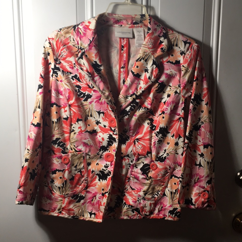 Liz Claiborne Petite 2 button jacket pink flowers front pockets size 12P